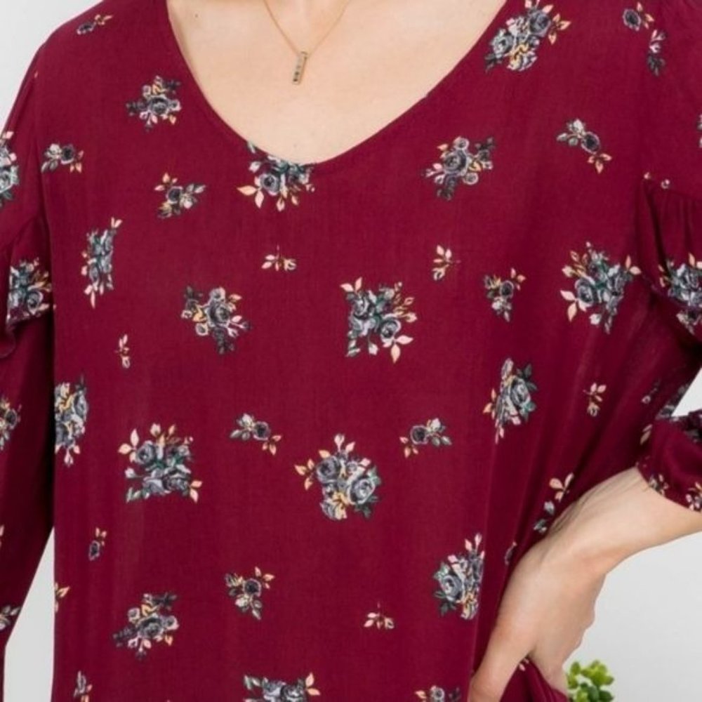 🧡6/$25🧡BURGUNDY FLORAL TOP W/SCOOP NECK-NEW - Picture 6 of 6